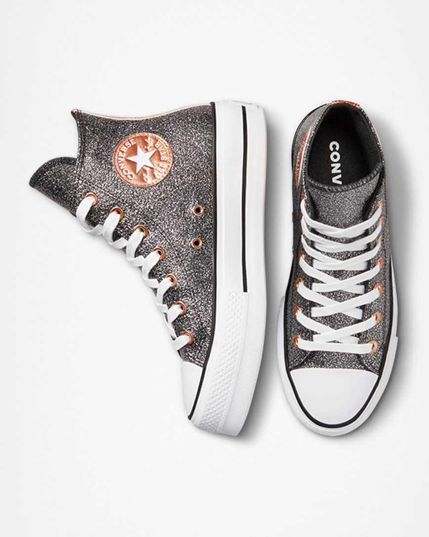 Topanky Na Platforme Converse Chuck Taylor All Star Lift Metallic Glitter Vysoke Damske Čierne Meď Biele | SK AYQZI0